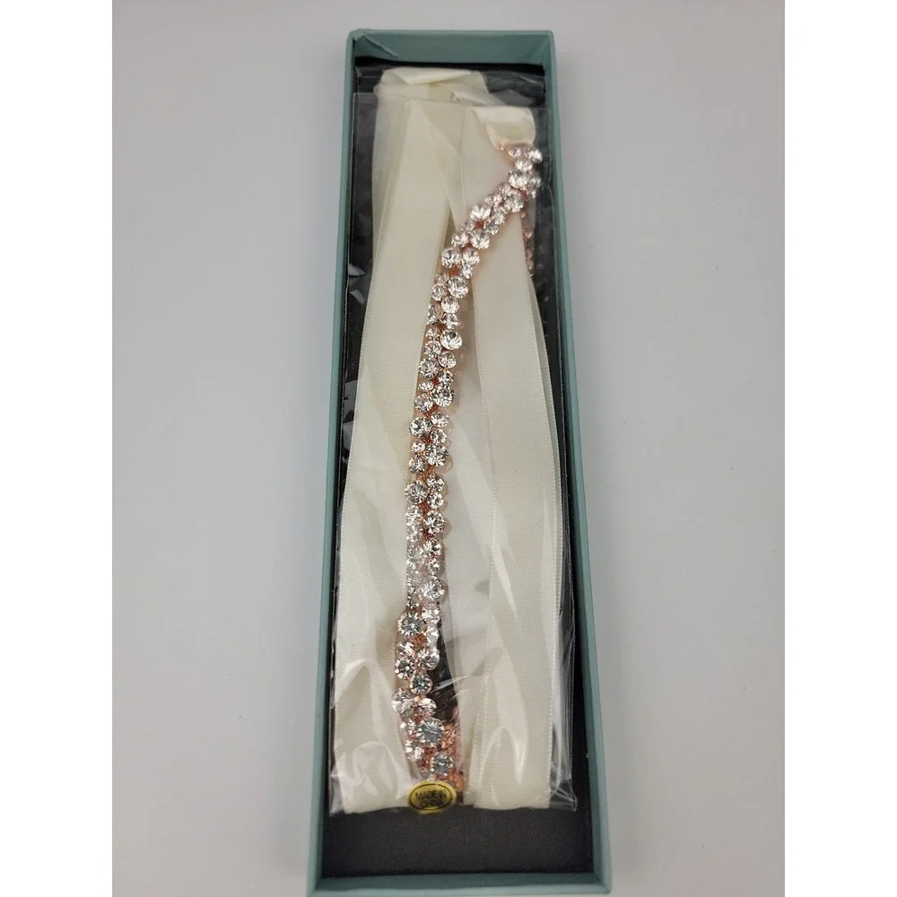 SWEETV Rose Gold Rhinestone Bridal Belt Ivory Satin Ribbon Crystal Wedding Sash